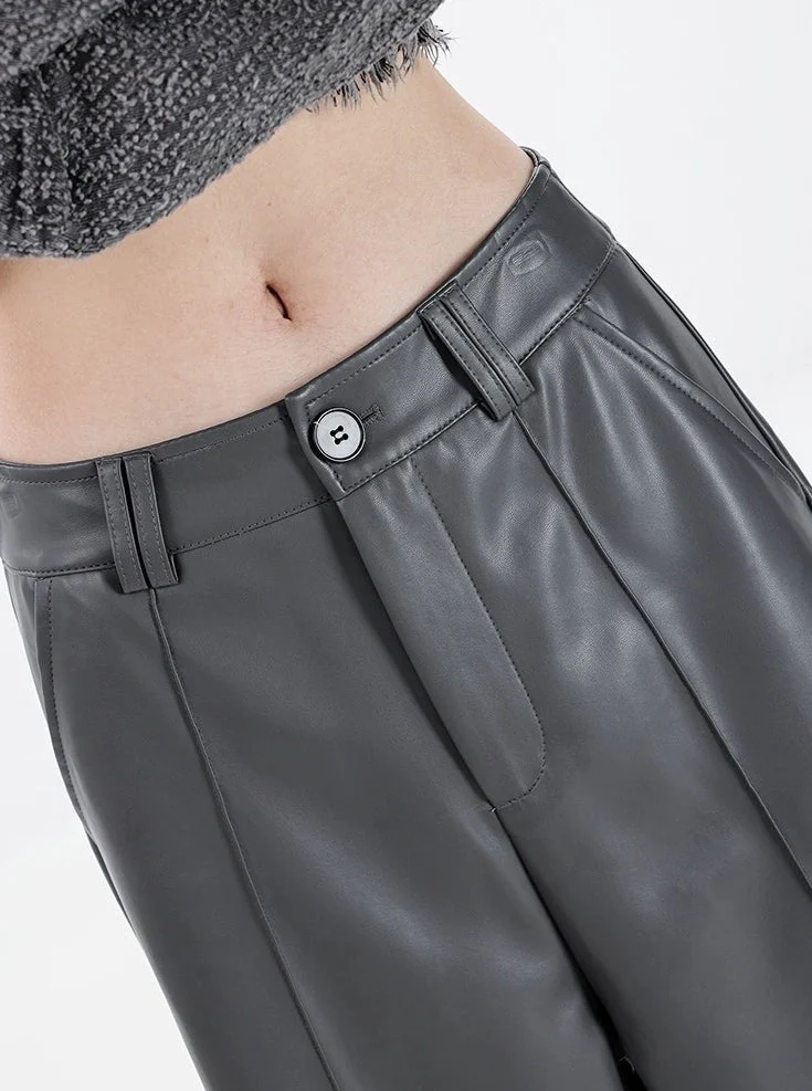 Wide Leg Single-Pleat Faux Leather Pants - Image 20