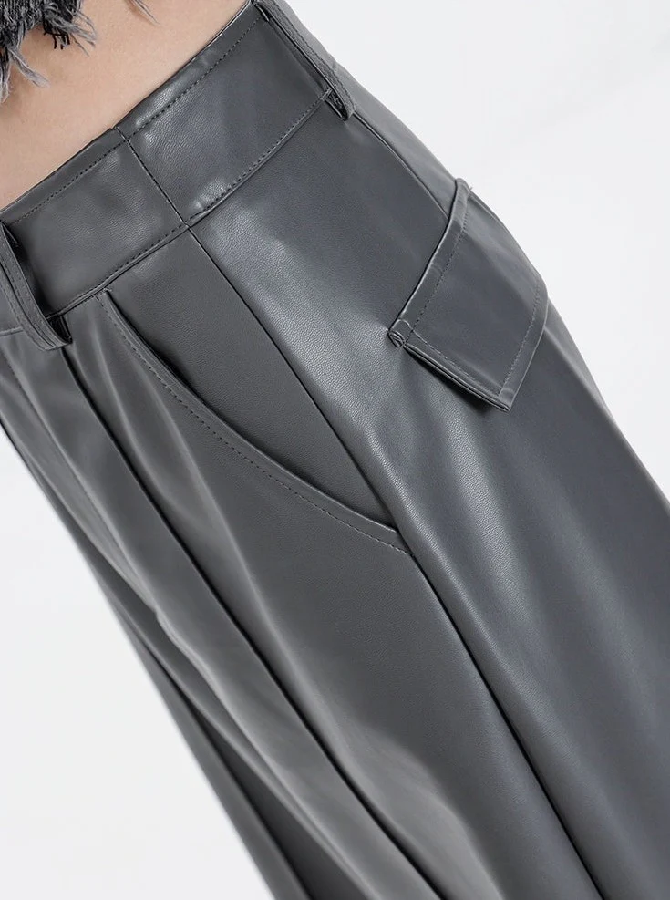Wide Leg Single-Pleat Faux Leather Pants - Image 24