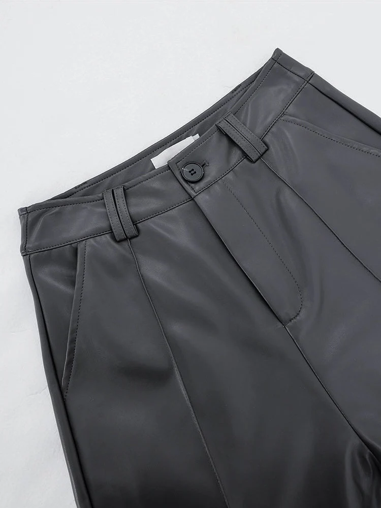 Wide Leg Single-Pleat Faux Leather Pants - Image 26