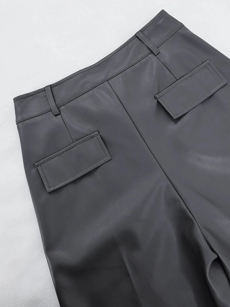 Wide Leg Single-Pleat Faux Leather Pants - Image 30