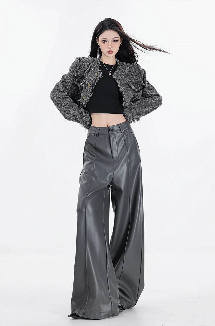 Wide Leg Single-Pleat Faux Leather Pants - Image 7