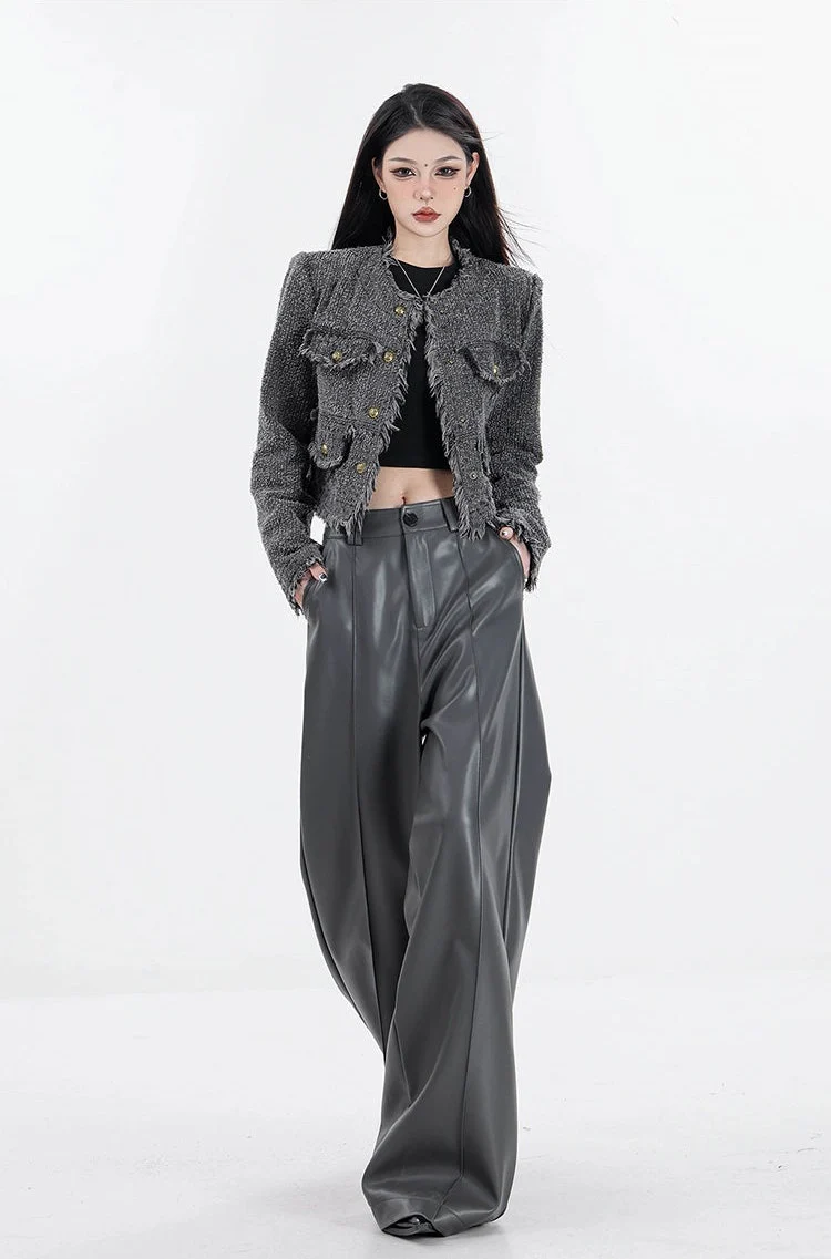 Wide Leg Single-Pleat Faux Leather Pants - Image 9