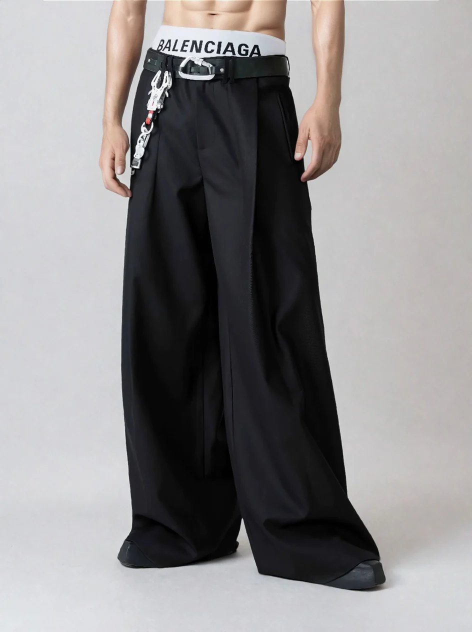 Wide Leg Tailored Trousers with Fold-Over Pleat - Image 2