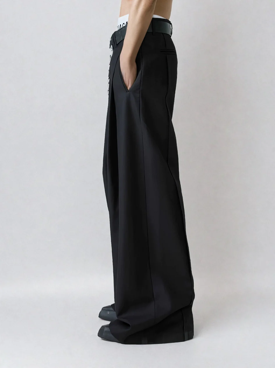 Wide Leg Tailored Trousers with Fold-Over Pleat - Image 3