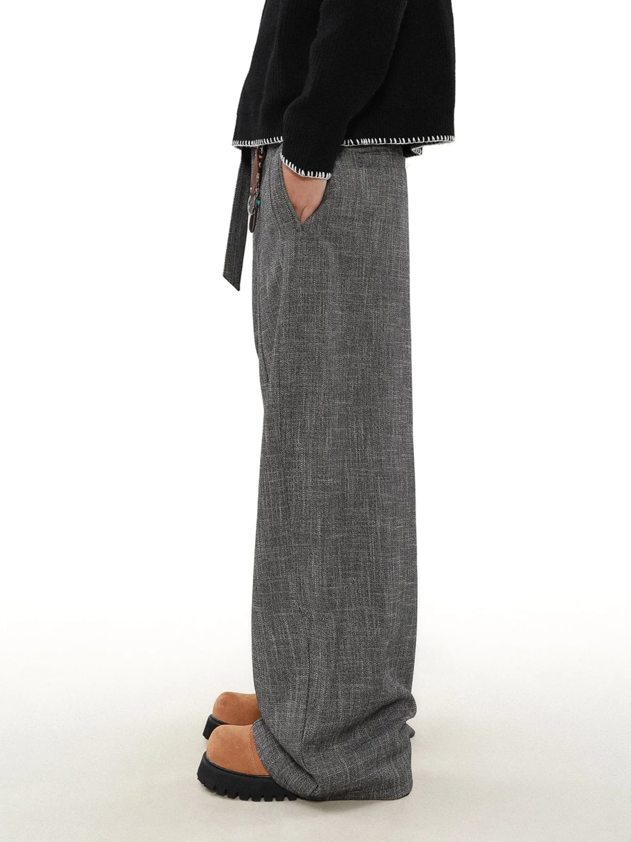 Wide Leg Textured Trousers with Strap Belt - Image 5