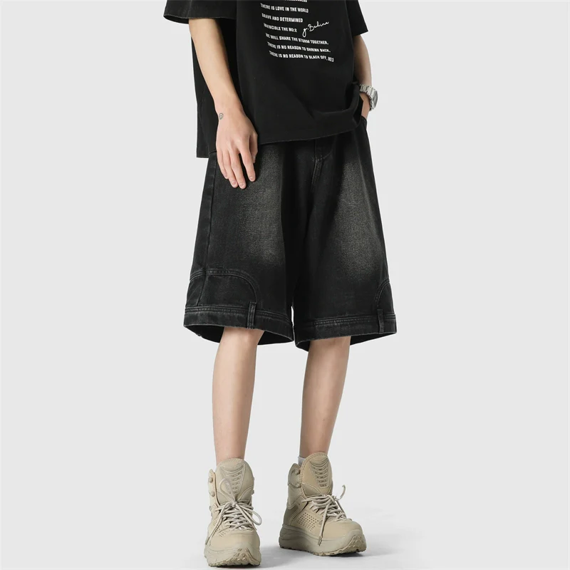 Wide Leg Upside-Down Effect Denim Shorts - Image 3