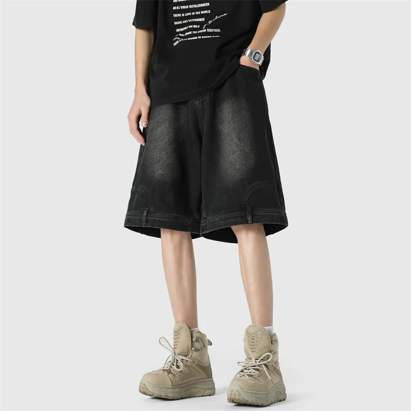 Wide Leg Upside-Down Effect Denim Shorts - Image 4