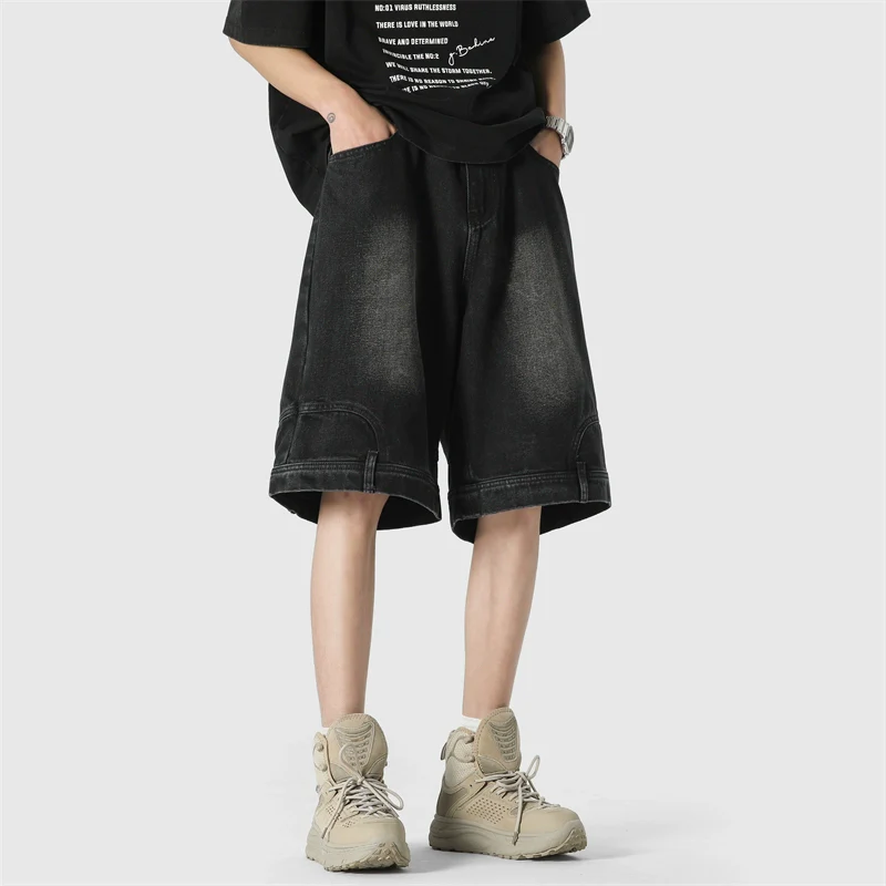 Wide Leg Upside-Down Effect Denim Shorts - Image 5