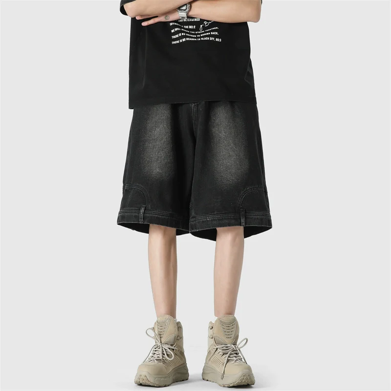 Wide Leg Upside-Down Effect Denim Shorts - Image 7