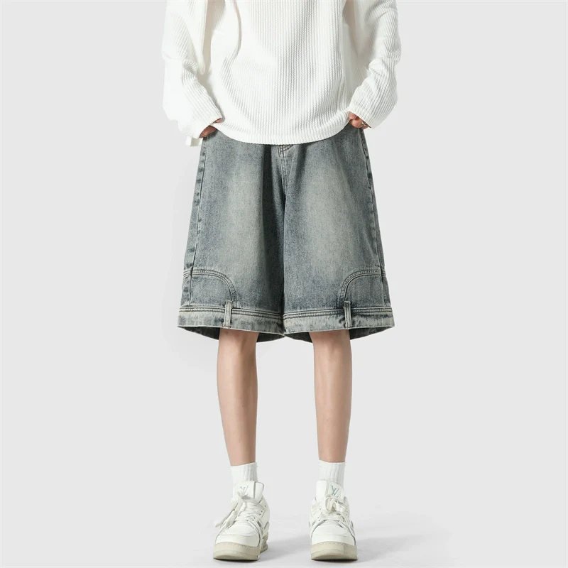Wide Leg Upside-Down Effect Denim Shorts - Image 9