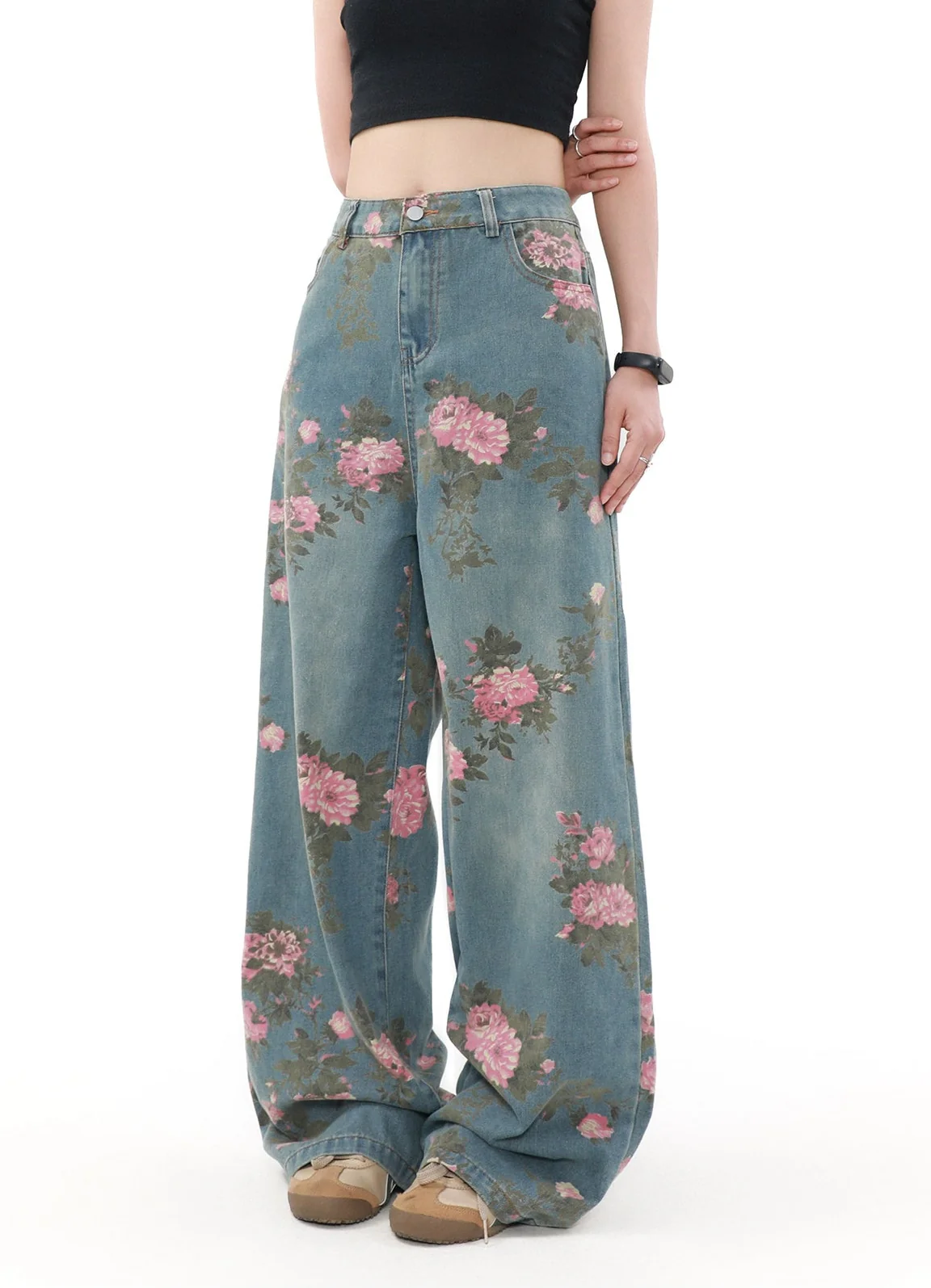 Wide Leg Vintage Floral Print Denim Jeans - Image 2