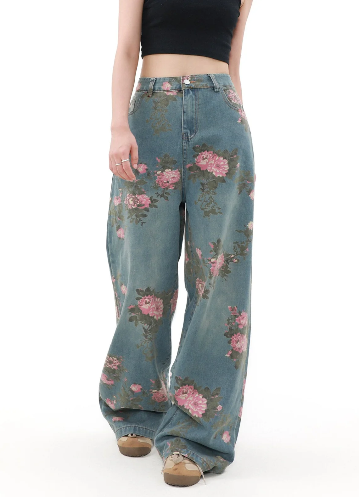 Wide Leg Vintage Floral Print Denim Jeans - Image 3