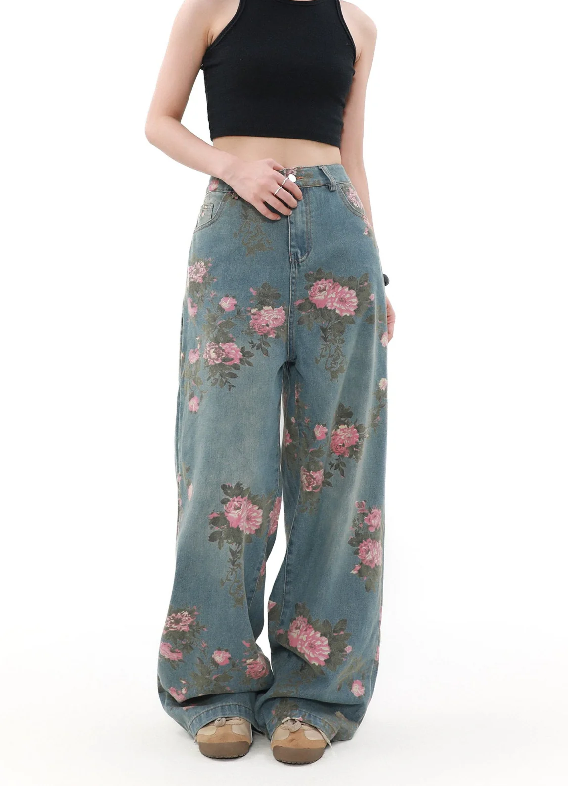 Wide Leg Vintage Floral Print Denim Jeans - Image 4
