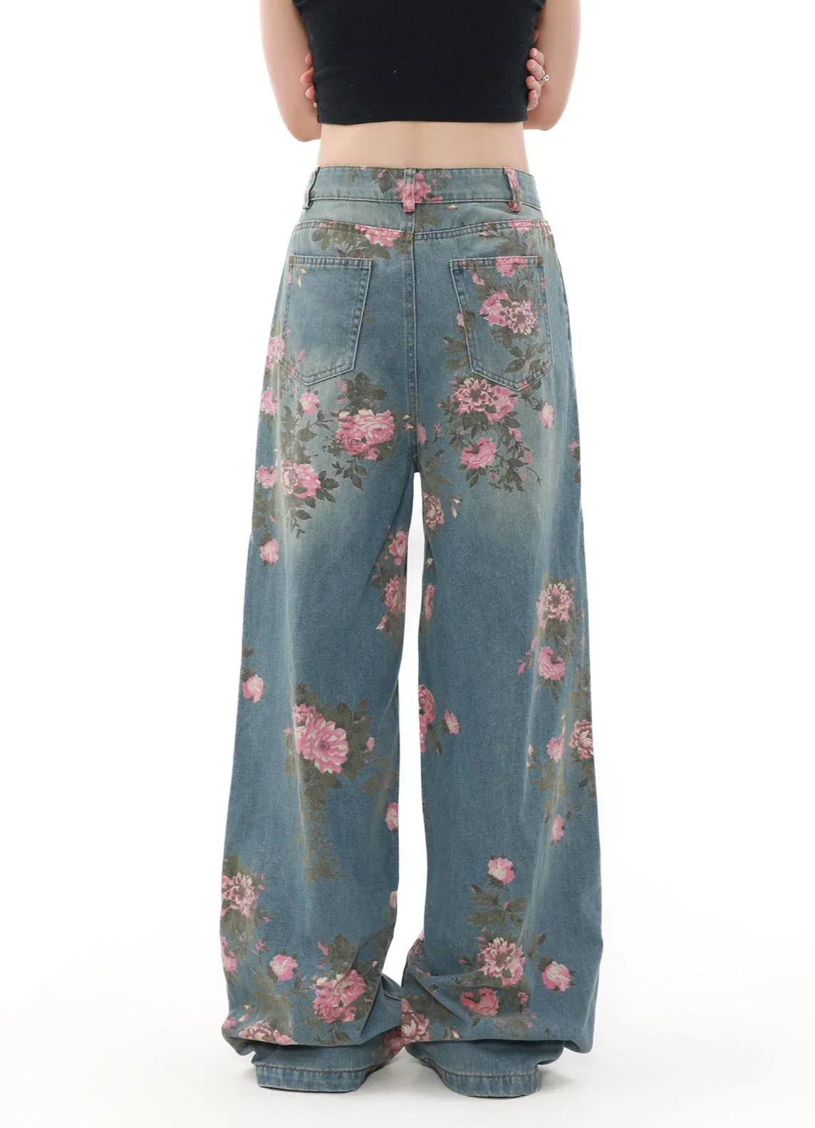 Wide Leg Vintage Floral Print Denim Jeans - Image 6
