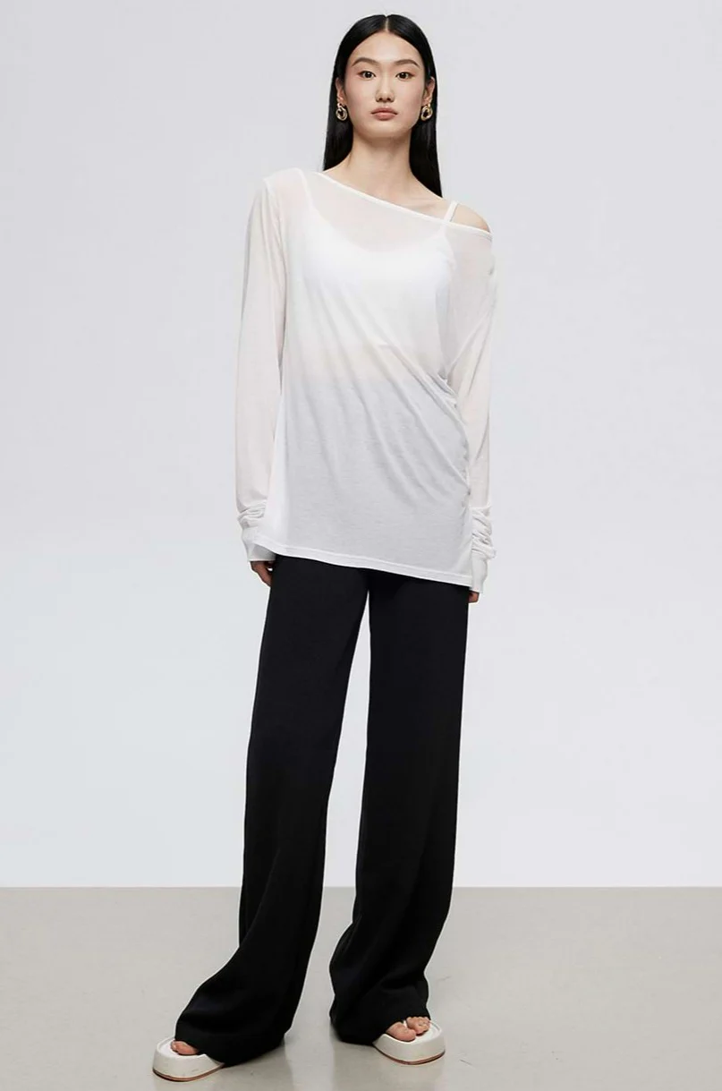 Wide Shoulder Translucent Long Sleeve Top - Image 11