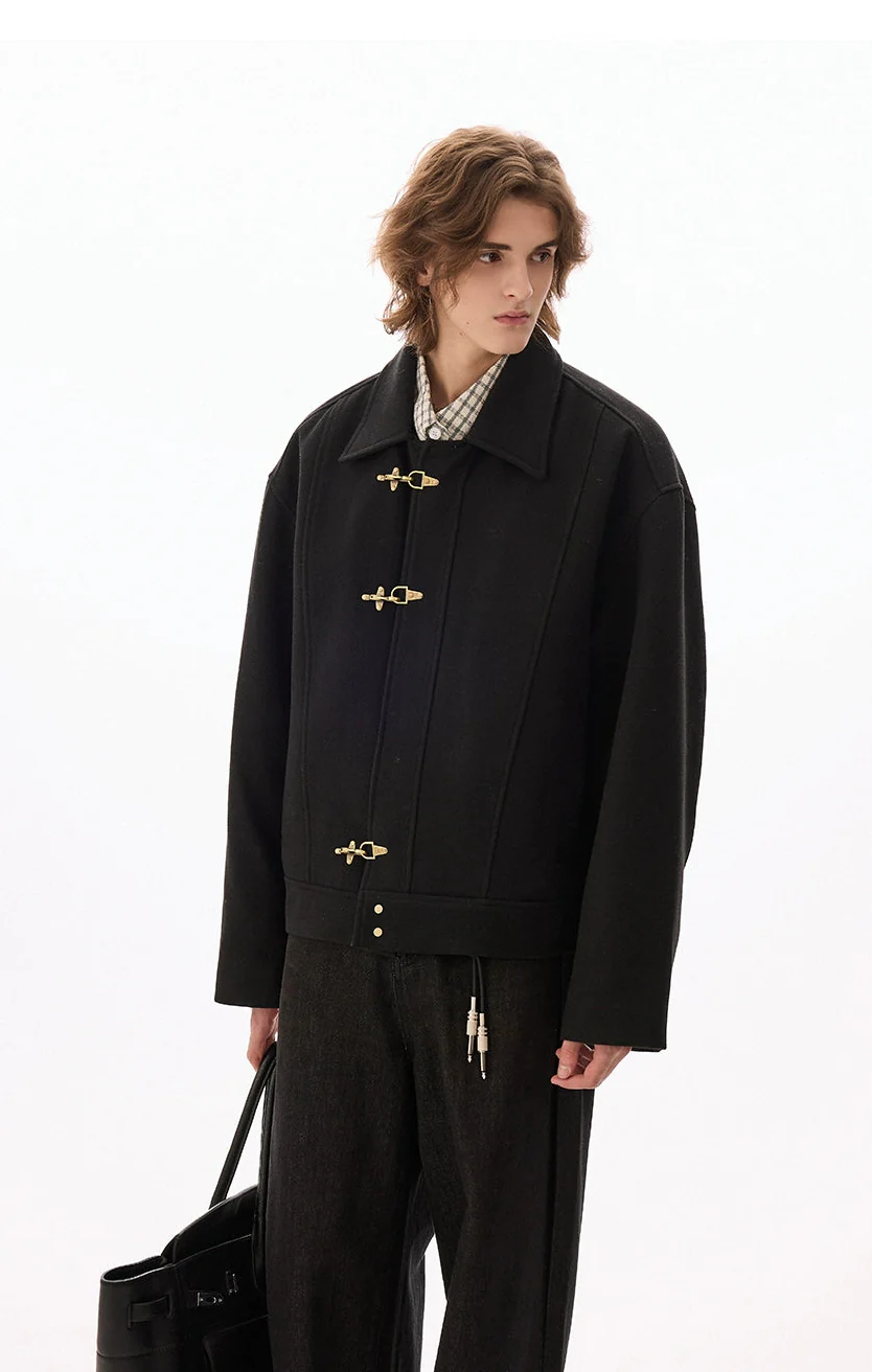 Wool-Blend Drop Shoulder Fireman Clasp Collared Jacket - Image 10