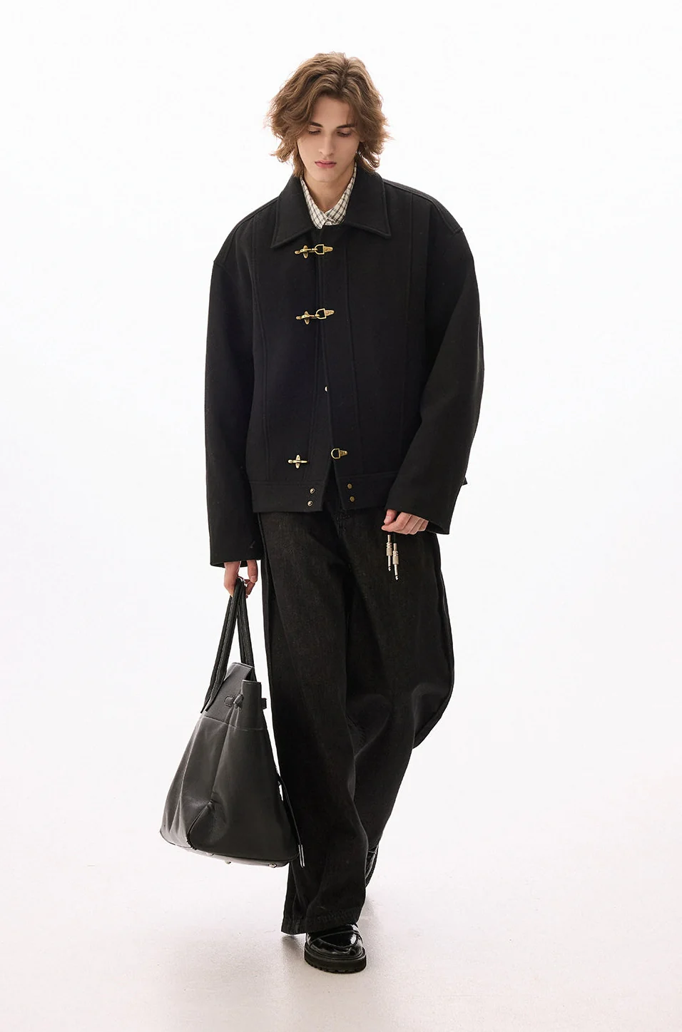Wool-Blend Drop Shoulder Fireman Clasp Collared Jacket - Image 12