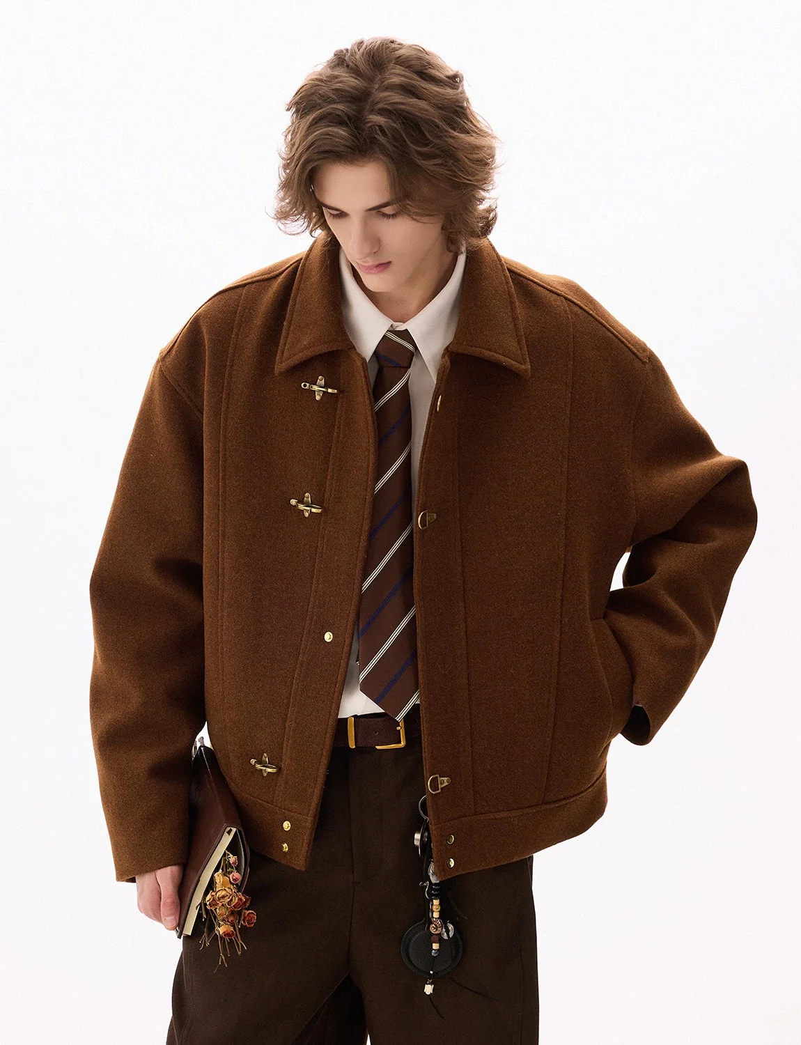 Wool-Blend Drop Shoulder Fireman Clasp Collared Jacket - Image 2