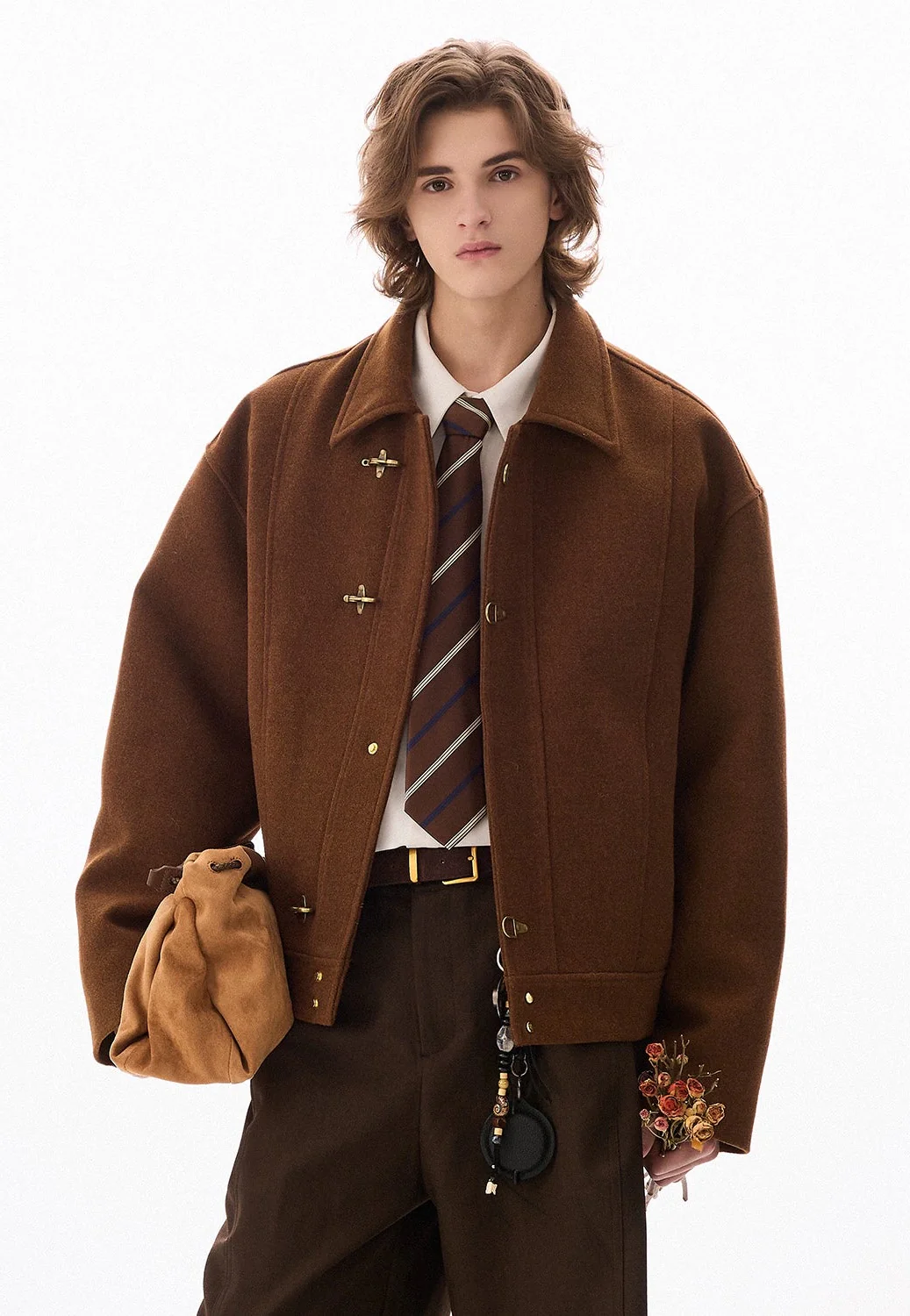 Wool-Blend Drop Shoulder Fireman Clasp Collared Jacket - Image 3