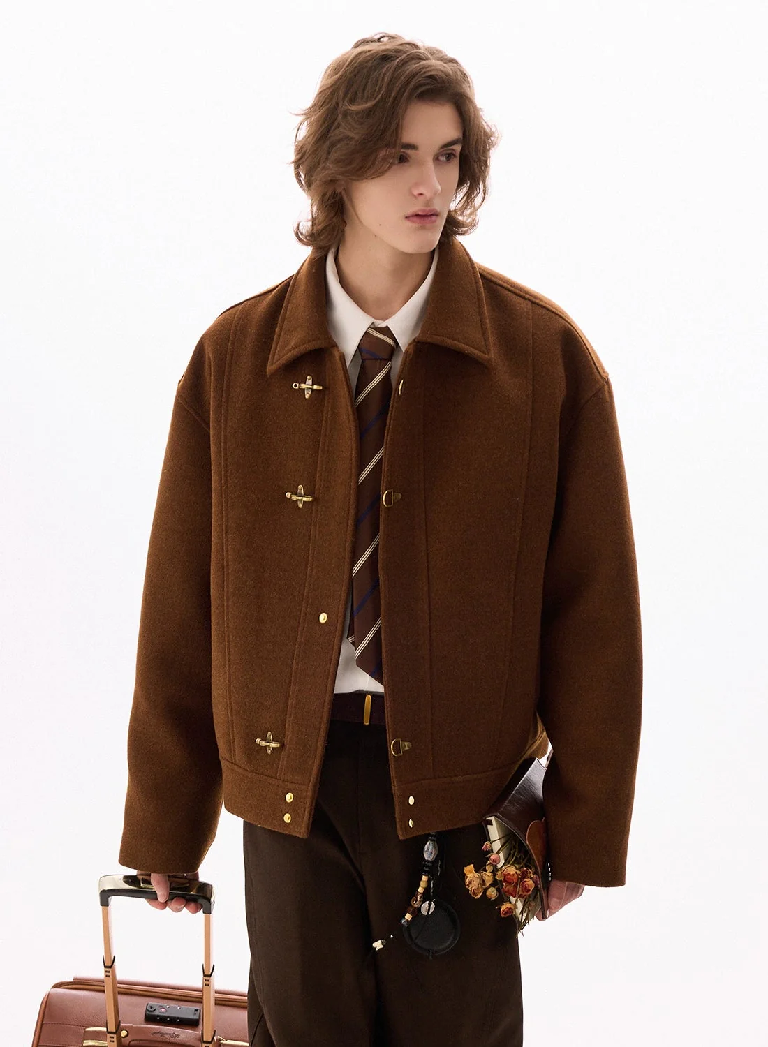 Wool-Blend Drop Shoulder Fireman Clasp Collared Jacket - Image 4