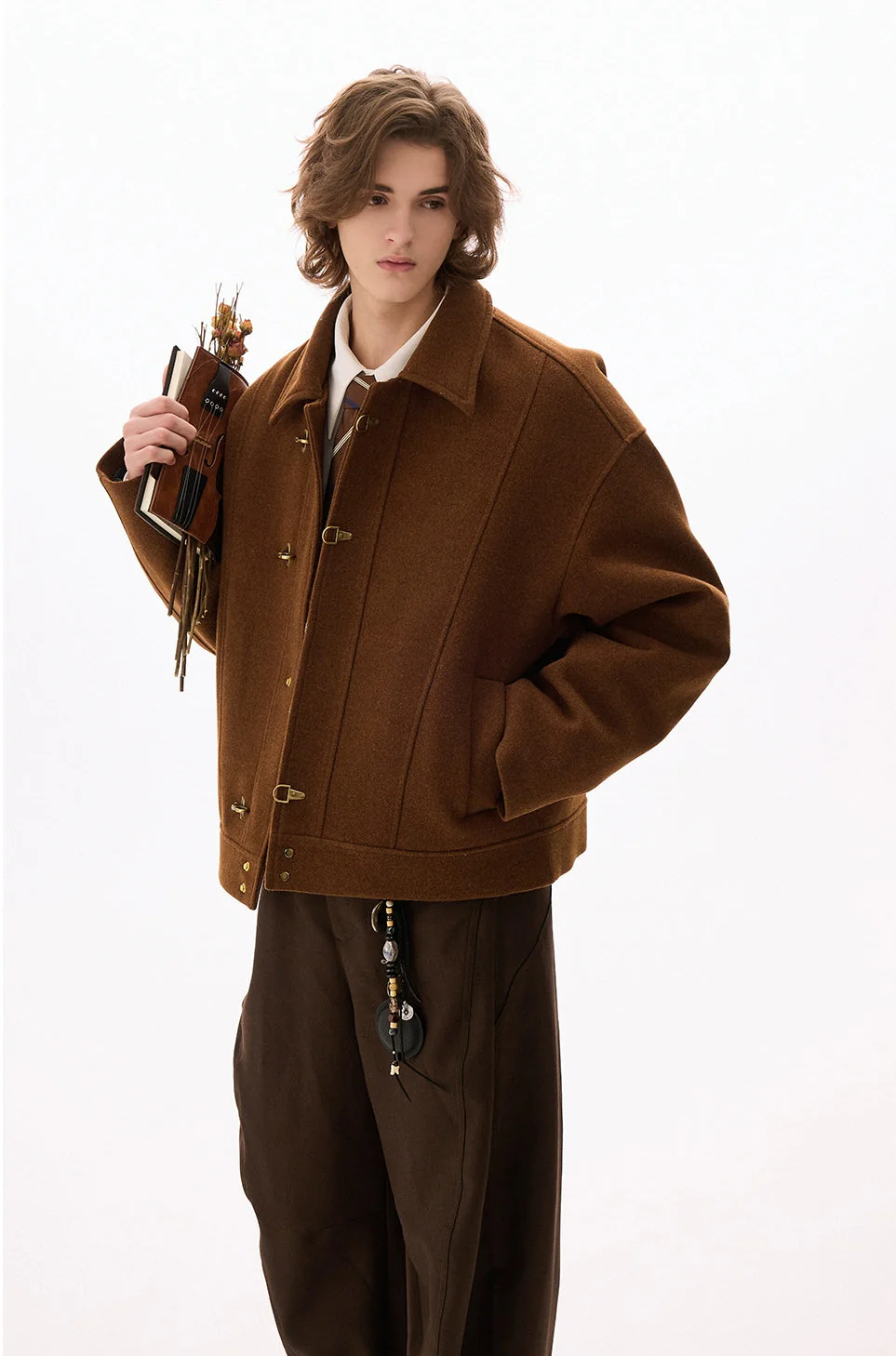 Wool-Blend Drop Shoulder Fireman Clasp Collared Jacket - Image 5