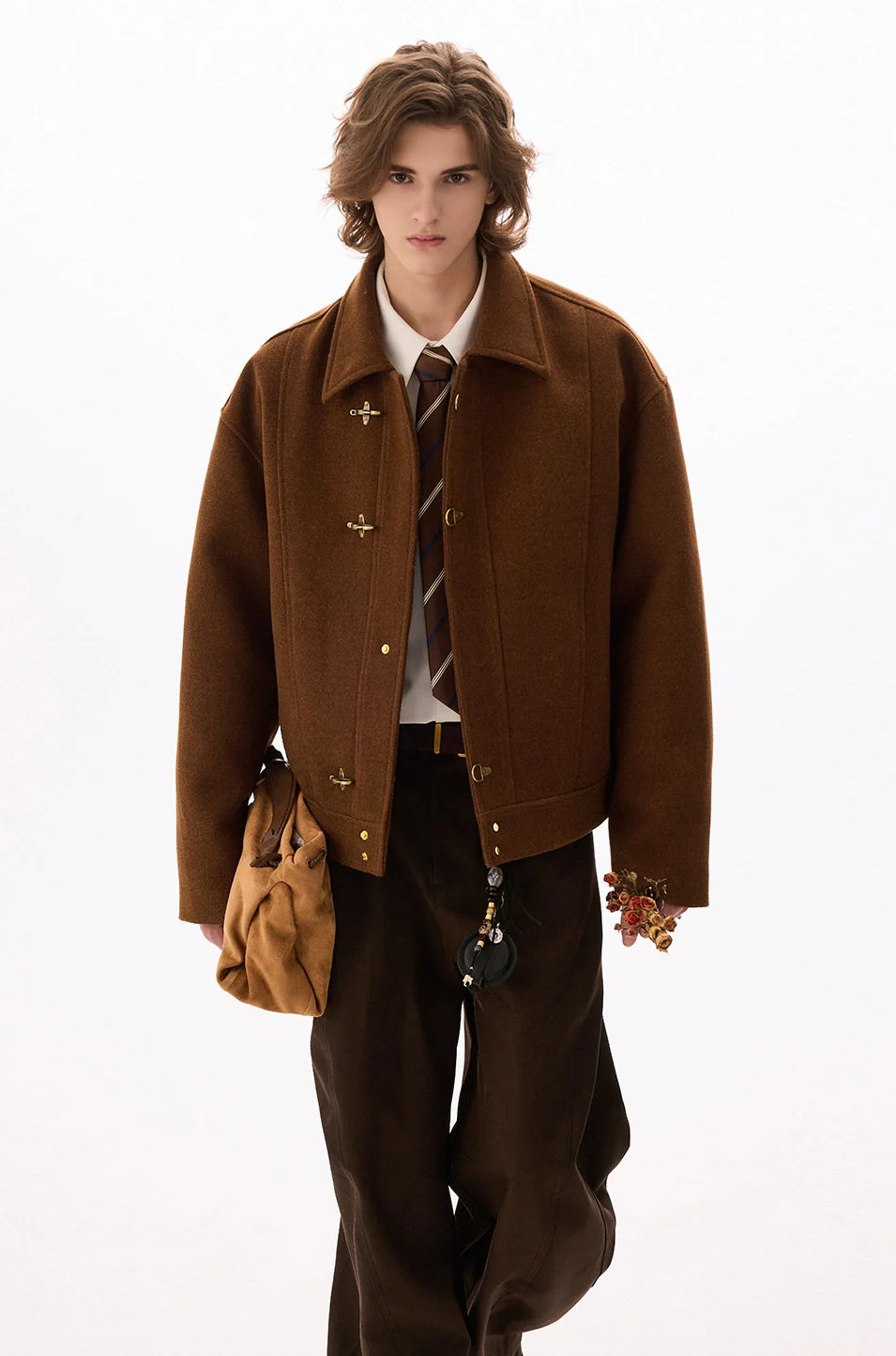 Wool-Blend Drop Shoulder Fireman Clasp Collared Jacket - Image 6
