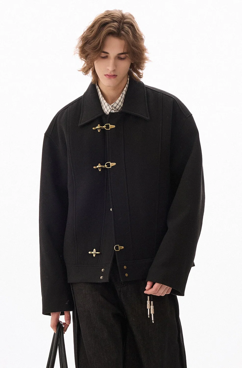 Wool-Blend Drop Shoulder Fireman Clasp Collared Jacket - Image 8