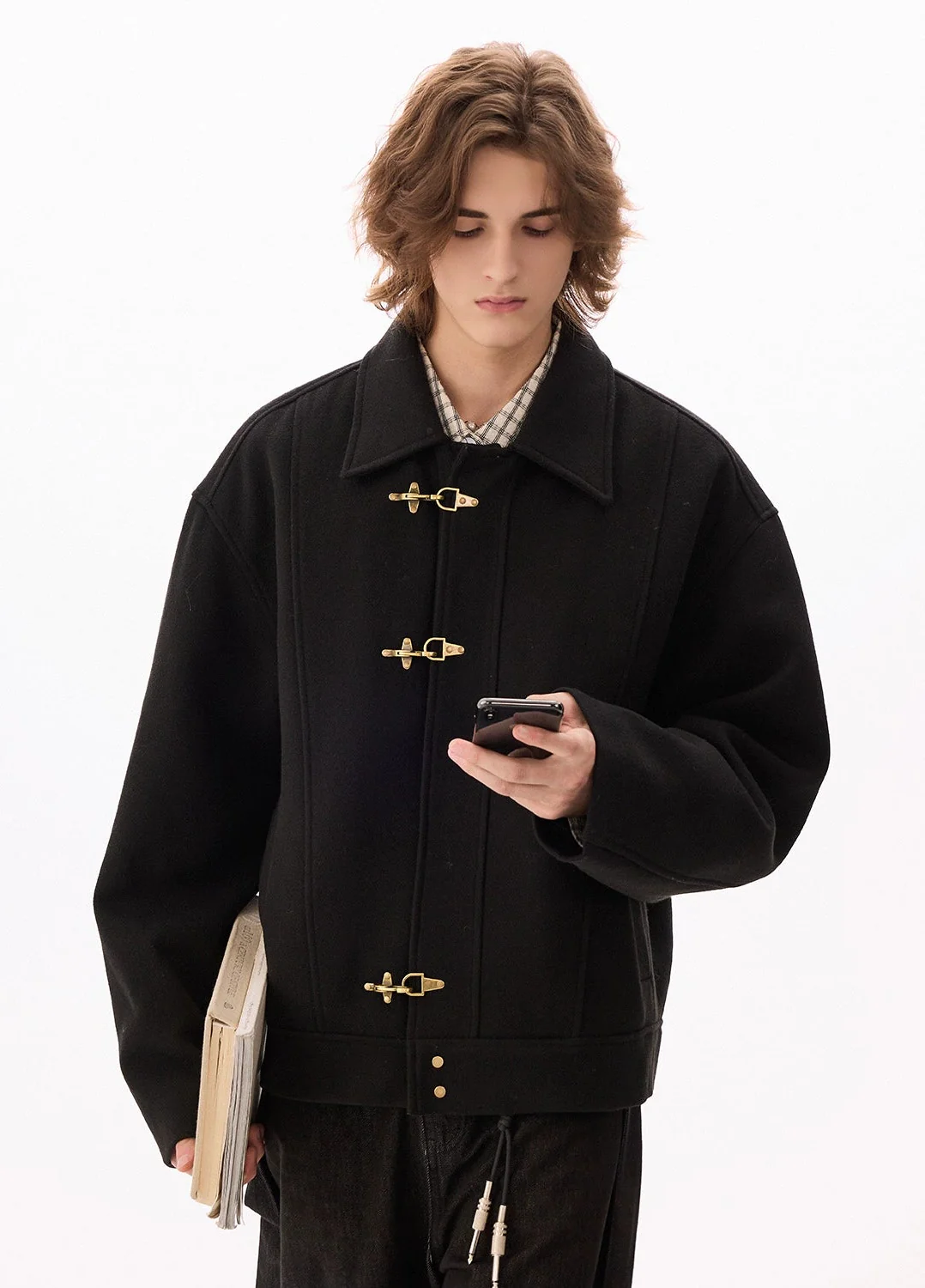 Wool-Blend Drop Shoulder Fireman Clasp Collared Jacket - Image 9