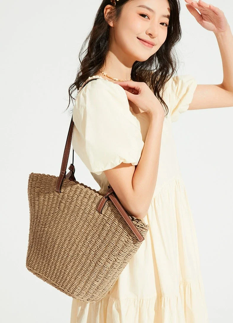 Woven Straw Shoulder Tote with Leather Straps - Image 3
