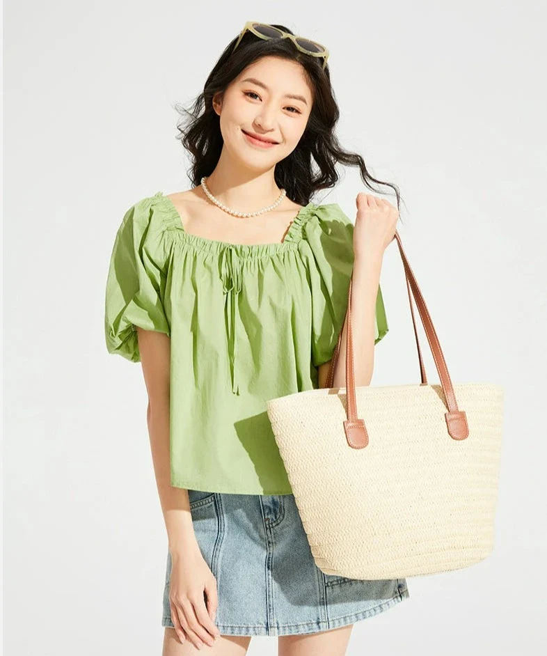 Woven Straw Tote Bag with Faux Leather Handles - Image 3